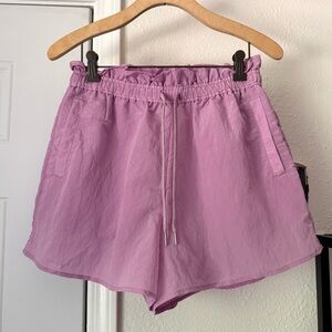VARLEY lilac lavender paperbag high rise nylon athletic semi sheer shorts